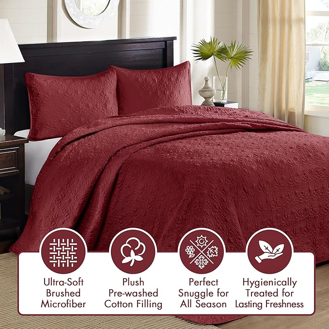 Madison Park Quebec King Size Quilt Bedding Set - Red , Damask – 3 Piece Bedding Quilt Coverlets – Ultra Soft Microfiber Bed Quilts Quilted Coverlet
