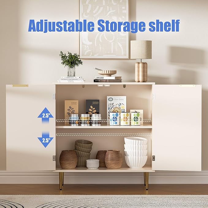 Buffet Sideboard Cabinet with 2 Doors, Kitchen Cabinet with Golden Handles & Legs, Modern Accent Storage Cabinet with Adjustable Shelf, Coffee Bar for Kitchen, Living Room, Oak