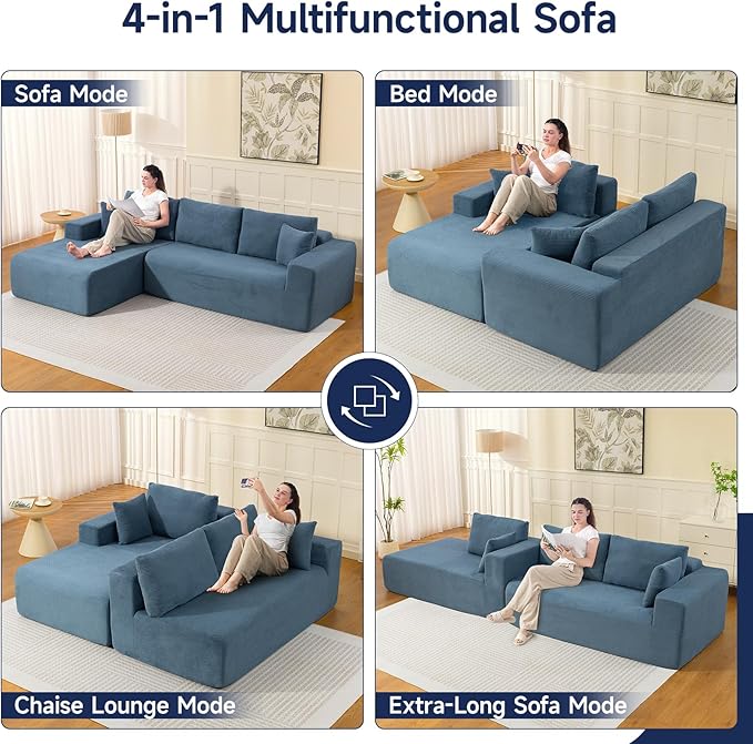 2025 New 108" Cloud Couch Sectional, Modular Sectional Sofa with L-Shaped Chaise, Deep Seat Sectional Modular Couch for Living Room, No Assembly Required (Blue, Left Facing Chaise)