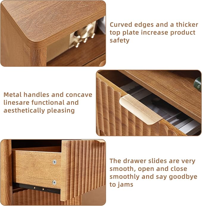 LEYAOYAO Fluted Nightstand Set of 2 with Charging Station,23" Modern Nightstand with Woodgrain Top, 2 Drawer End Table w/Storage, BedsideTables for Bedroom, Living Room, Curved Profile,Brown