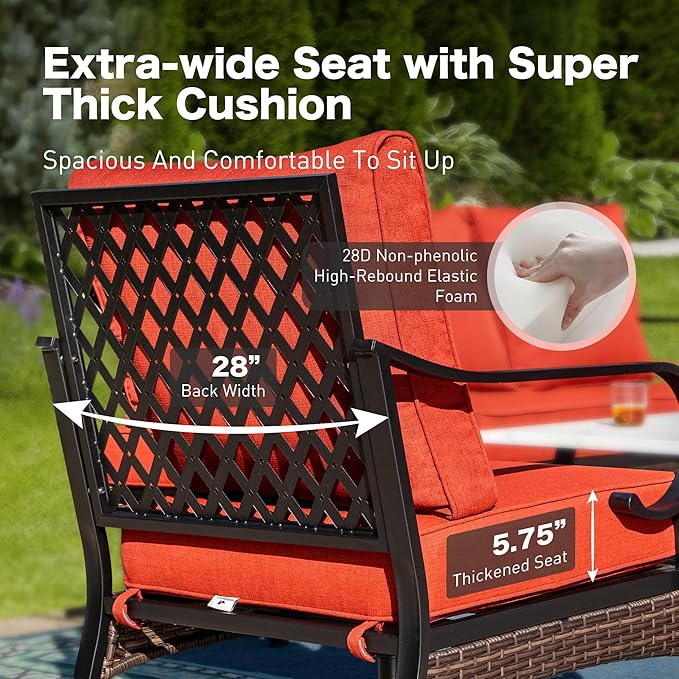 5 Piece Metal Outdoor Patio Furniture Set, Patio Conversation Setsv with 3-Seater Sofa, Loveseat, 2 Fixed Sofa (5.75" Thick Cushion) & Coffee Table Black Backyard Furniture, Rust Red