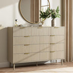 CARPETNAL Fluted 9 Drawer Dresser for Bedroom, 55" Wide Wooden Chest of Drawers with Rounded Corners, Gold Handles, Modern Storage Organizer for Bedroom, Hallway (Beige)
