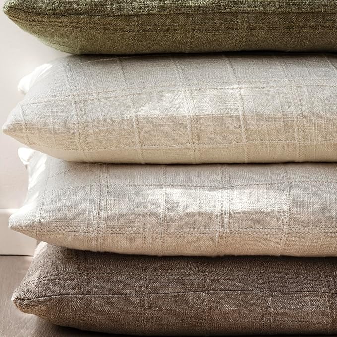 Foindtower Set of 2 Decorative Linen Check Throw Pillow Covers Neutral Farmhouse Vintage Cushion Covers Modern Boho Home Decor for Sofa Chair Couch Bedroom Living Room,16×16 Inch,Taupe Grey
