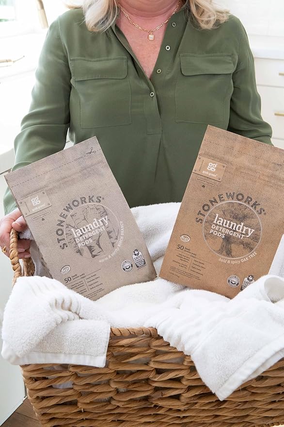 Grab Green Stoneworks Laundry Detergent Pods and Dryer Sheet Bundle, 50 Count Pods and 80 Dryer Sheets, Oak Tree Scent, Plant and Mineral Based Laundry Care Set