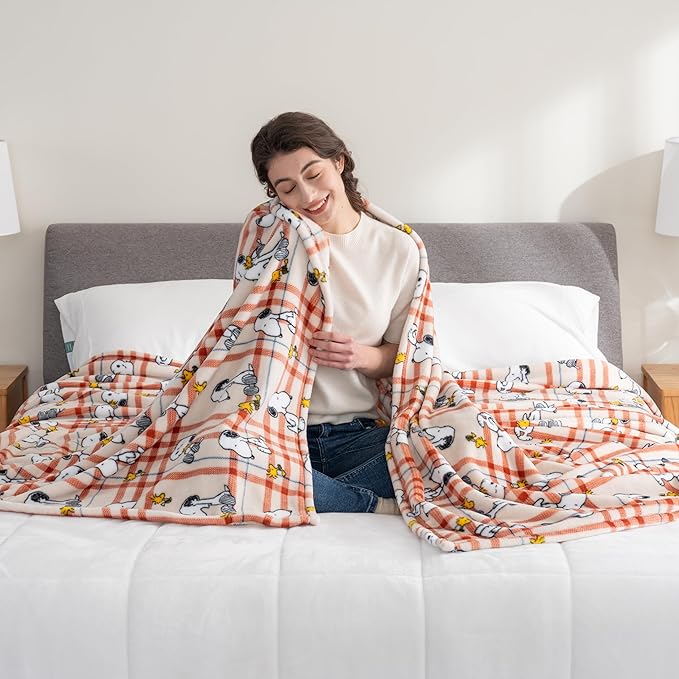 Berkshire Blanket Peanuts® VelvetLoft® Cute Character Snoopy Plush Blanket,Snoopy and Woodstock Wood Holiday Plaid Medium Tan,King 90 in x 108 in (Official Peanuts® Product)