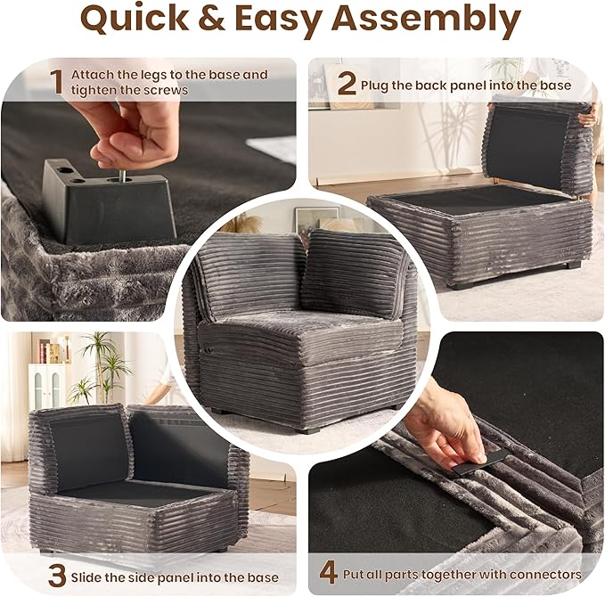 130'' Modern Modular Sectional Sofa with Ottoman, 8 Pieces U Shaped Cloud Couch for Living Room, Oversized Deep Seat Convertible Sofa Set, Plush Corduroy Gray