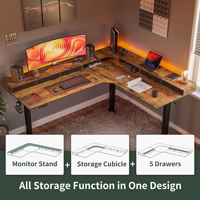 FEZIBO 75", 330lbs Load Capacity, L Shaped Standing Desk with Drawers, Reversible Electric Standing Gaming Desk Adjustable Height, Corner Stand up Desk with Splice Board, Black Frame/Rustic Brown Top