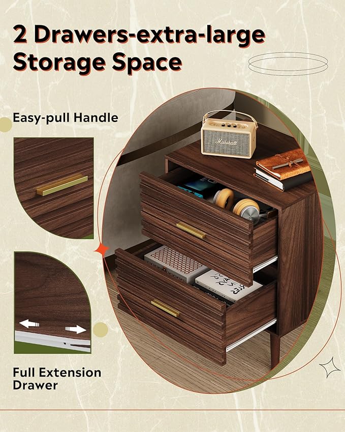 WLIVE Wood Night Stand with 2 Drawers, Mid Century Modern Nightstand, Fluted Bed Side Tablefor Bedroom, Dorm, Living Room End Table