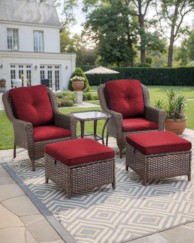 3 Piece Patio Brown Wicker Chairs with Side Table - Outdoor High Back Heavy Duty All-Weather Lawn Dining Rattan Chair Conversation Bistro Set for Deck Porch Balcony Backyard Garden - Red