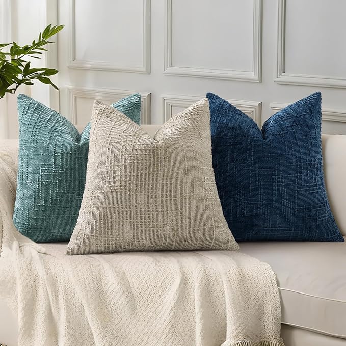 decorUhome Teal Chenille Throw Pillow Covers 24x24 Set of 2 Thick Textured Slubby Couch Pillow Covers Farmhouse Accent Modern Neutral Decorative Pillow Cases for Bed Sofa Living Room