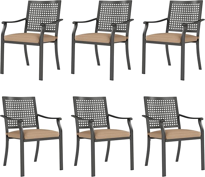 PHI VILLA Outdoor Wrought Iron Chairs Set of 6， Black Dining Bistro Metal Steel Stackable Chairs with Cushions, Support 300 LBS for Patio, Deck, Yard, Porch