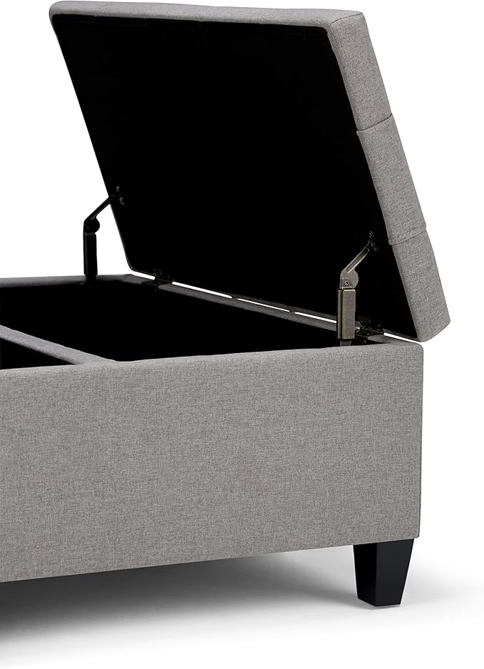 SIMPLIHOME Harrison 36 inch Wide Transitional Square Coffee Table Storage Ottoman in Dove Grey Linen Look Fabric, Assembled, for the Living Room and Bedroom