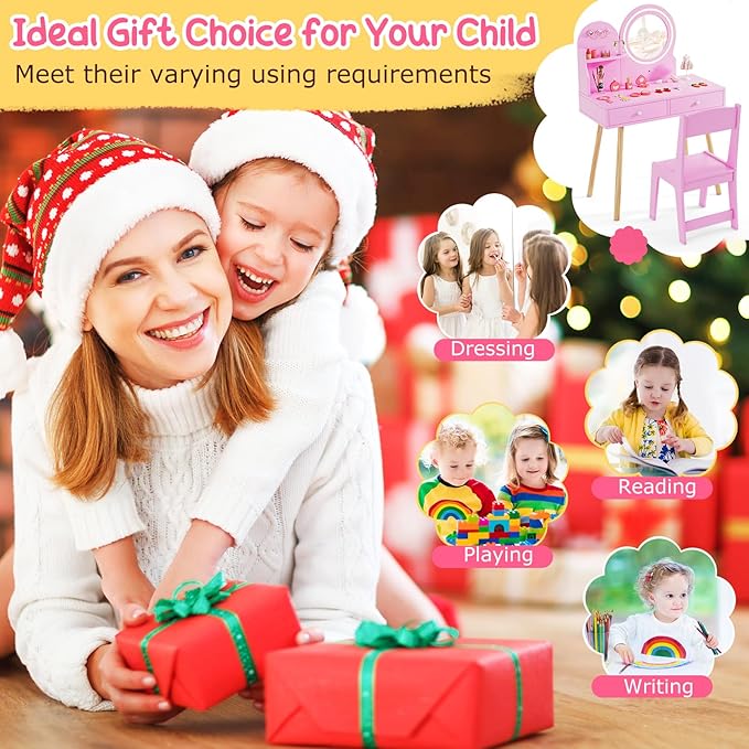 Costzon Kids Vanity, Girls Vanity Set with Mirror and Stool and Lights, Drawers, Storage Shelf & Hooks, 2 in 1 Makeup Desk Dressing Table, Kids Vanity Table and Chair Set (Pink)