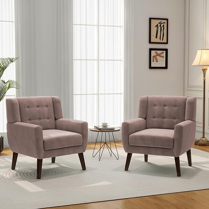 Accent Chair, Modern Velvet Arm Chair for Living Room, Bedroom, Comfy High-Resilient Sponge Reading Chair for Small Spaces （Velvet Silk Pink, Set of 1