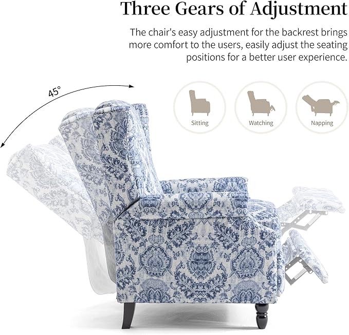 Pushback Recliner Chair, Floral Fabric Wingback Recliner Chair, Upholstered Armchair Push Back Recliner, Rivet Trim Single Sofa Accent Chair with Wood Legs for Living Room, Navy
