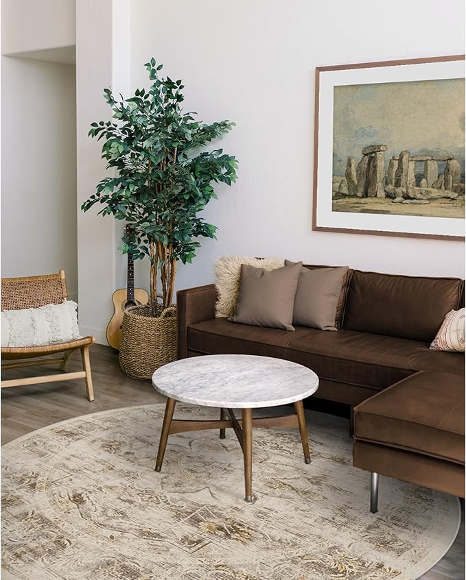 RUGGABLE Washable Vintage Area Rug – Sarrah Hazel 8 ft Round, Stain-Resistant, Non-Slip – Large Machine Washable Rugs for Living Room, Bedroom, Hallway, Entryway & Office–with Standard Pad