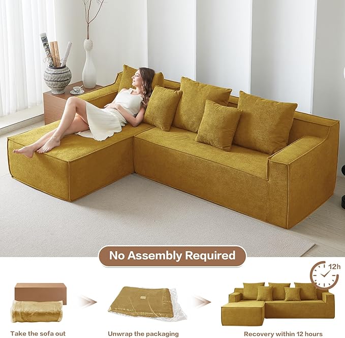 101" Orange Couch for Living Room,Boneless Couch No Assembly Required,Comfy Couches with Oversized Chaise,Compressed Sofa for Any Room,Modern Sofa-Velvet