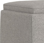 SIMPLIHOME Natasha 18 inch Wide Mid Century Square Mid Century Storage Ottoman with Tray in Cloud Grey Polyester Linen, Assembled, For the Living Room, Entryway and Family Room