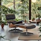 Top Black PU Leather, Mid Century Chaise Lounge Chair and Ottoman, Modern Chair Classic Design, Walnut Wood, Heavy Duty Base Support for Living Room Office