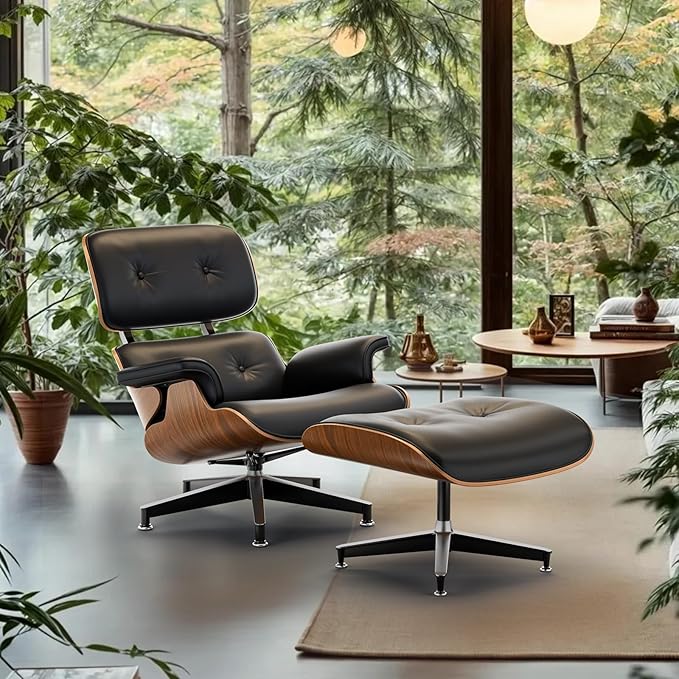 Top Black PU Leather, Mid Century Chaise Lounge Chair and Ottoman, Modern Chair Classic Design, Walnut Wood, Heavy Duty Base Support for Living Room Office