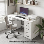 WOPITUES 60" Modern Home Office Desk with 10 Wooden Drawers, Computer Writing Desk with Power Outlets, Large Executive Desk with Storage Cabinet for Work Study Writing Craft, Pure White