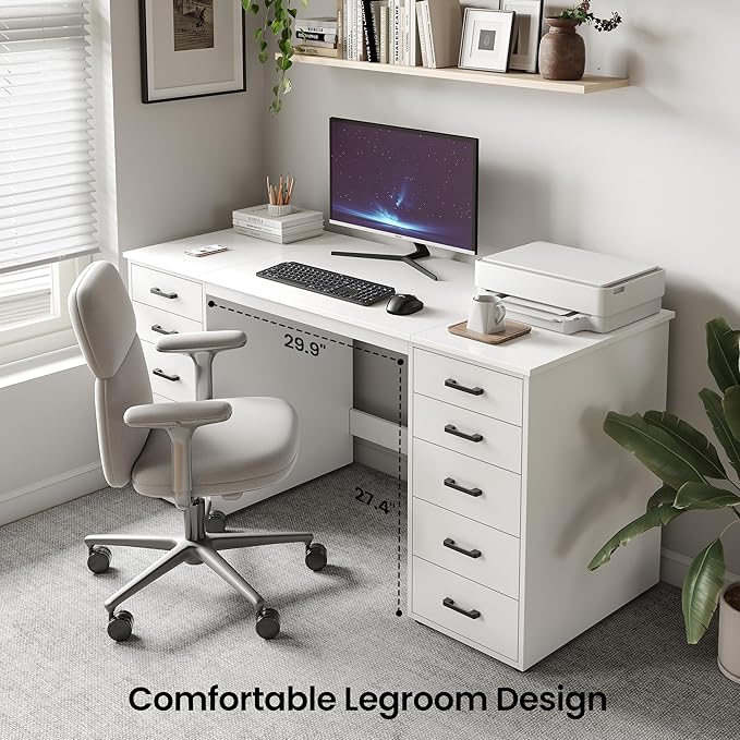 WOPITUES 60" Modern Home Office Desk with 10 Wooden Drawers, Computer Writing Desk with Power Outlets, Large Executive Desk with Storage Cabinet for Work Study Writing Craft, Pure White