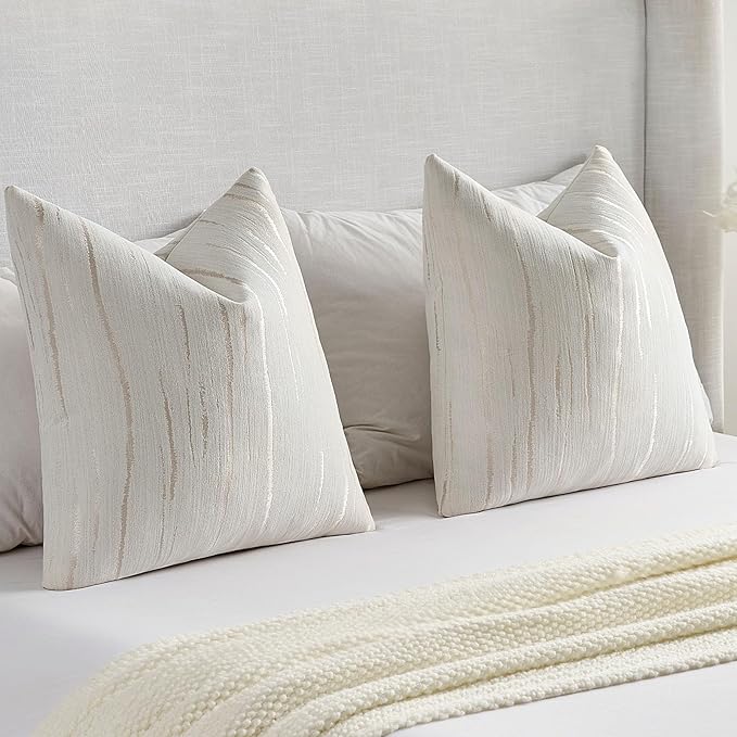 FUTEI Cream Chenille Decorative Throw Pillow Covers 22x22 Inch Set of 2,Soft Embossed Striped Textured Cushion Case,Modern Home Decor for Couch Bed Living Room