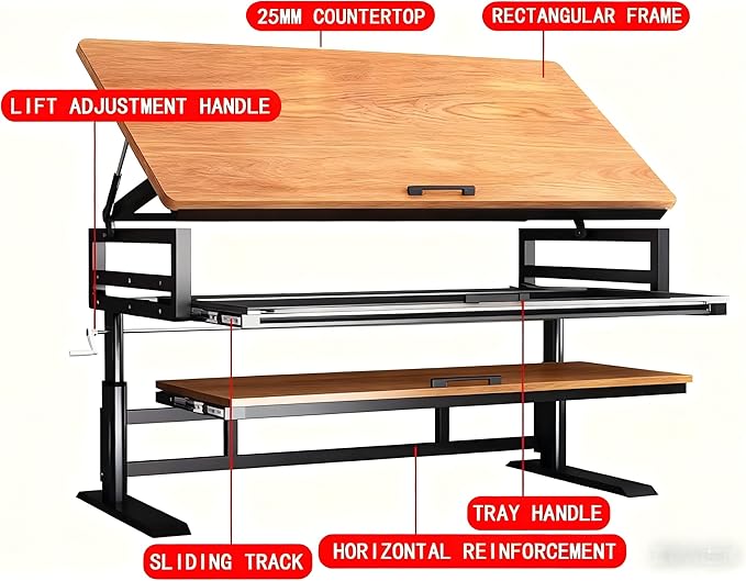 Studio Desk with Keyboard Tray | Hand-Crank Adjustable Standing Desk Workstation for Music Production, Cable Management, MIDI Keyboard Shelf (Black, 70in)