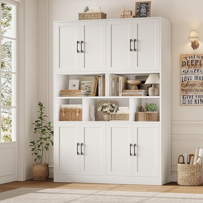 HORSTORS 71" Tall Storage Cabinet, Large Kitchen Cabinet with Deep Shelves and Doors, 47" Freestanding Display Shelf with Storage for Home Office, Living Room, White
