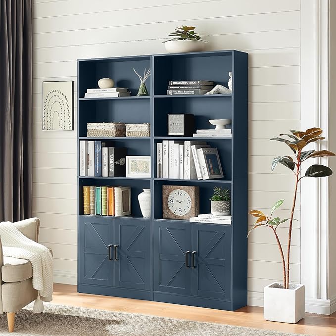 70in Tall Bookshelf 6 Tier Bookcase with Barn Doors and Adjustable Shelf, Blue Farmhouse Book Shelves with Storage Cabinet, Wood Floor Standing Display Bookshelve for Bedroom,Living Room,Kitchen