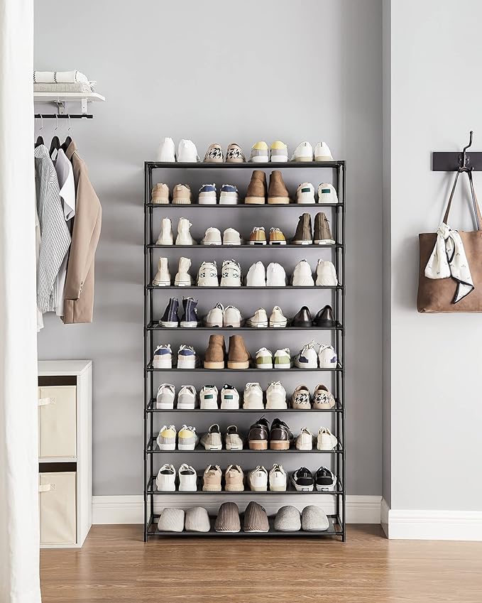 SONGMICS Shoe Rack, 10-Tier Shoe Storage Organizer, Space-Saving, 11 x 32.7 x 62.6 Inches, Entryway, Metal Frame, Non-Woven Fabric Shelves, Ink Black ULSH210B02