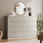 3-Piece Dresser Bedroom Set, 8 Drawer Dresser & 3 Drawer Nightstands with Gold Handles, Fluted Wood Chest of Drawers for Bedroom, Living Room, Entryway, Beige