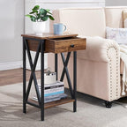 VECELO Tall Nightstand Set of 2,27.6 inch Wooden End Table with Metal X-Frame,Side Table with Drawer and Storage Shelf for Living Room Bedroom Entryway Small Spaces