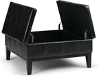 SIMPLIHOME Dover 36 inch Wide Contemporary Square Coffee Table Storage Ottoman in Midnight Black Vegan Faux Leather, Assembled, For the Living Room and Bedroom