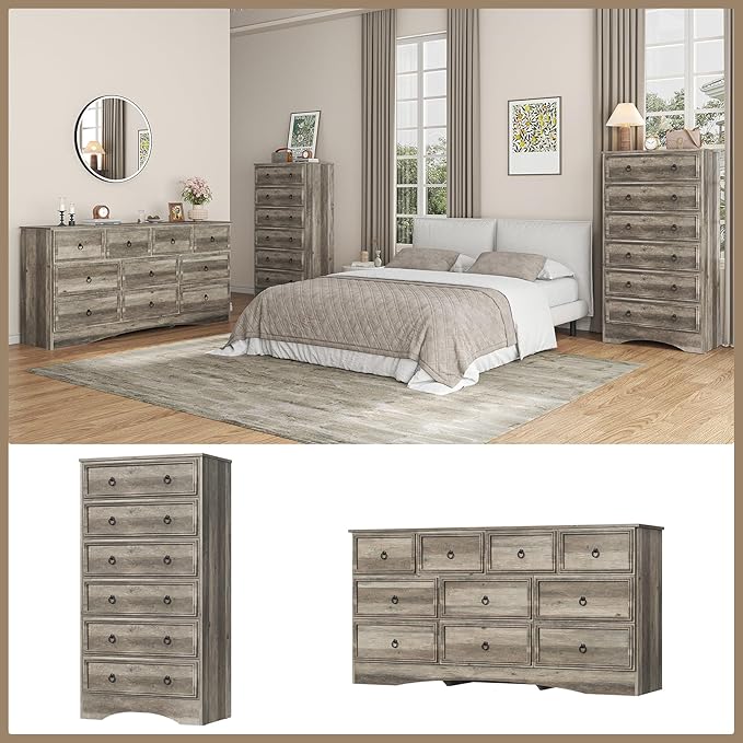 6 Drawer Dresser 52" Tall for Bedroom, Wood 6 Chest Drawers, Storage for Clothes, Narrow Large Drawers, Taupe Vintage, for Living Room, Bedroom, Hallway, Brownish Grey