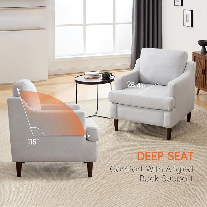 Mid-Century Accent Chair Modern Linen Fabric Armchair for Living Room,Deep Seat Comfy Upholstered Reading Chairs for Bedroom,Single Sofa Chair with Wood Legs (LightGrey, Set of 1)
