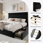 Allewie Modern Full Size Platform Bed Frame with 4 Storage Drawers and Velvet Upholstered Headboard, Wooden Slats Support, Upholstered Mattress Foundation/No Box Spring Needed/Easy Assembly, Black