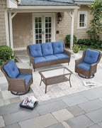 Patio Couch Outdoor Wicker Sofa - Heavy Duty All-Weather Brown Rattan 3-Seater with High Back and Comfortable Thick Cushions for Garden Back Porch Poolside Apartment - Navy Blue