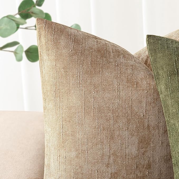Foindtower Pack of 2 Textured Chenille Throw Decorative Pillow Covers Square Accent Solid Cushion Cover Neutral Farmhouse Pillow Case for Couch Sofa Bedroom Living Room 20x20 Inch,Taupe Khaki Camel