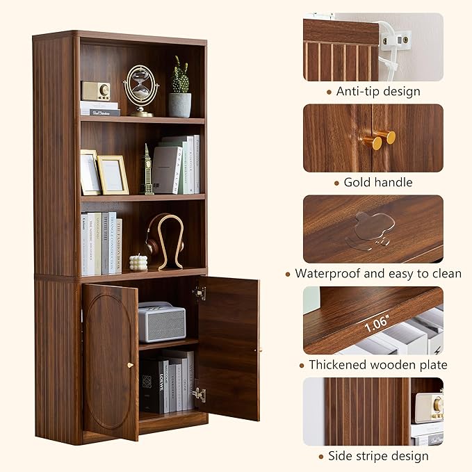 70.8" Tall Fluted Bookshelf with Storage Cabinet Set of 2, Modern 5-Tier Wood Bookcase with Open Display Storage Shelf, Gold Handles for Office Living Room (Walnut)
