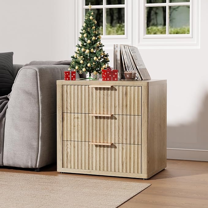 Night Stand with 3 Drawers, 23" Wide Modern Nightstand with Large Storage, Fluted Bed Side Table with Metal Handle, End Table Tall Nightstand for Bedroom, Living Room, Office, Nature