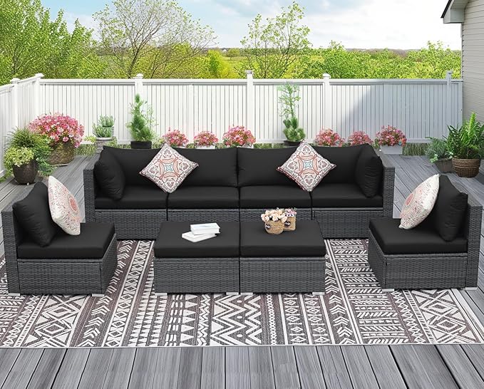 NICESOUL 8 Piece Outdoor Patio Set, 29.3'' High Back Extra Large Wicker Patio Furniture, Deep Seating Comfy L Shaped Modular Sectional Set of 8, Modern Wide Conversation, 2 Color Cushion Black & Gray