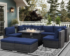 NICESOUL 9 Piece Oversized Outdoor Patio Furniture Set, 29.3'' High Back Comfy Sectional Sofa Set with Firepit Natural Gas & Propane, Deep Seating Conversation Couches, 2 Color Cushion Navy & Gray
