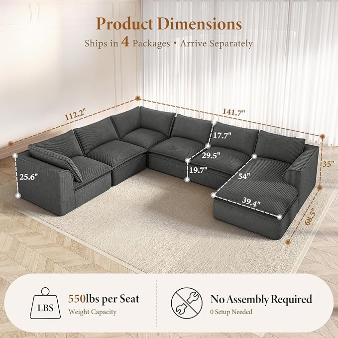 Vesgantti 141.7" Oversized Boneless Sectional Couch, Modern 7 Seater Modular Sofa with Chaise, Deep Seat Convertible Corduroy Cloud Couches for Living Room, No Assembly Required, Dark Gray