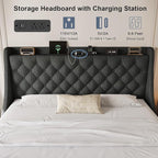 King Size Upholstered Platform Bed Frame with 4 Storage Drawers and Charging Station, Linen Button Tufted Wingback Headboard, Sturdy Wooden Support Slats, No Box Spring Needed, Dark Grey