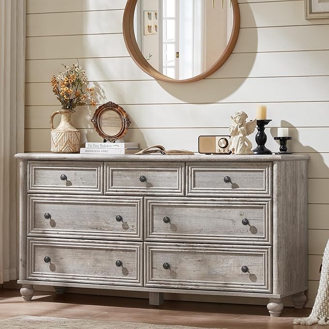 7 Drawers Dresser for Bedroom, Farmhouse 54" Wide Wood Dressers Chest of Drawers, Vintage Design TV Stand, Rustic Storage Dresser Organizer with Metal Handle Closet for Living Room, Hallway