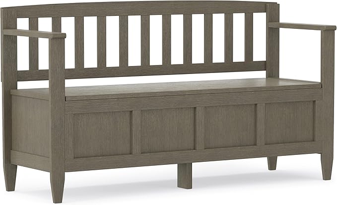 SIMPLIHOME Brooklyn Entryway Storage Bench - 48 inch Wide Solid Wood Storage Seat in Farmhouse Grey, Contemporary Bench for Entryway or Living Room with Lift-Up Lid and Slatted Backrest