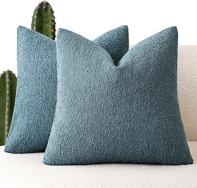 Foindtower Pack of 2 Textured Boucle Throw Pillow Covers Accent Solid Pillow Cases Cozy Soft Decorative Couch Cushion Case for Chair Sofa Bedroom Living Room Home Decor 18x18 Inch Misty Blue