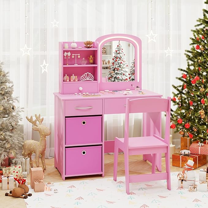 HONEY JOY Kids Vanity, Little Girls Vanity Set with Mirror and Stool and Lights, Wooden Princess Makeup Dressing Table, Storage Box & Shelf, Pretend Play Kids Vanity Table and Chair Set(Pink)