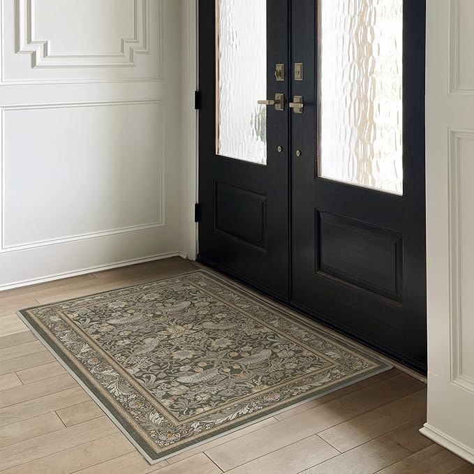 RUGGABLE x Morris & Co Washable Area Rug–Strawberry Thief Stone Gold 4x6, Stain-Resistant, Non-Slip–Medium Machine Washable Rugs for Living Room, Bedroom, Hallway, Entryway & Office–with Standard Pad